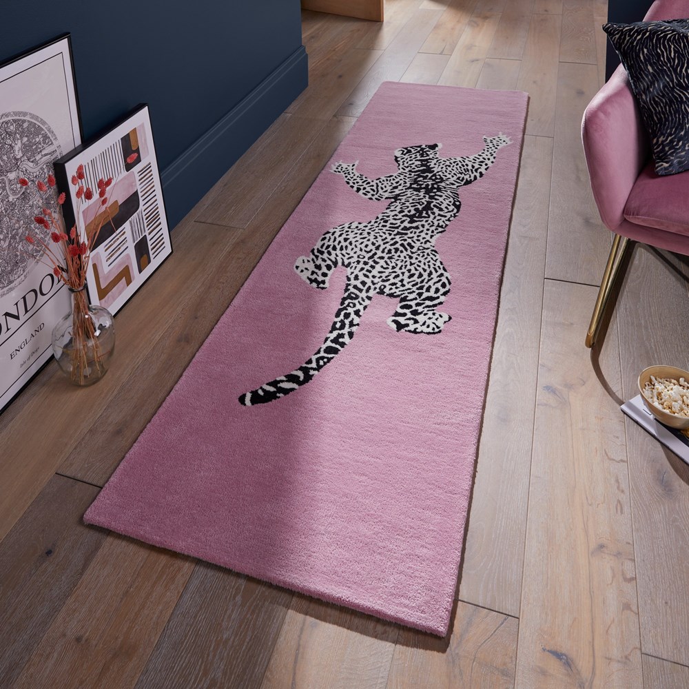 Climbing Jaguar Modern Wool Runner Rugs in Pink